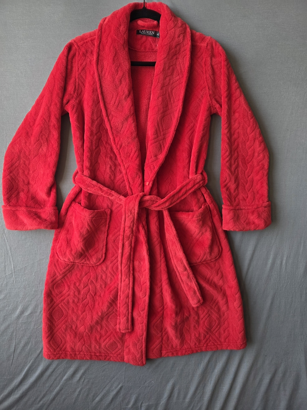 Lauren Ralph Lauren Women’s Red Cable Embossed Plush Fleece Robe XS Belted